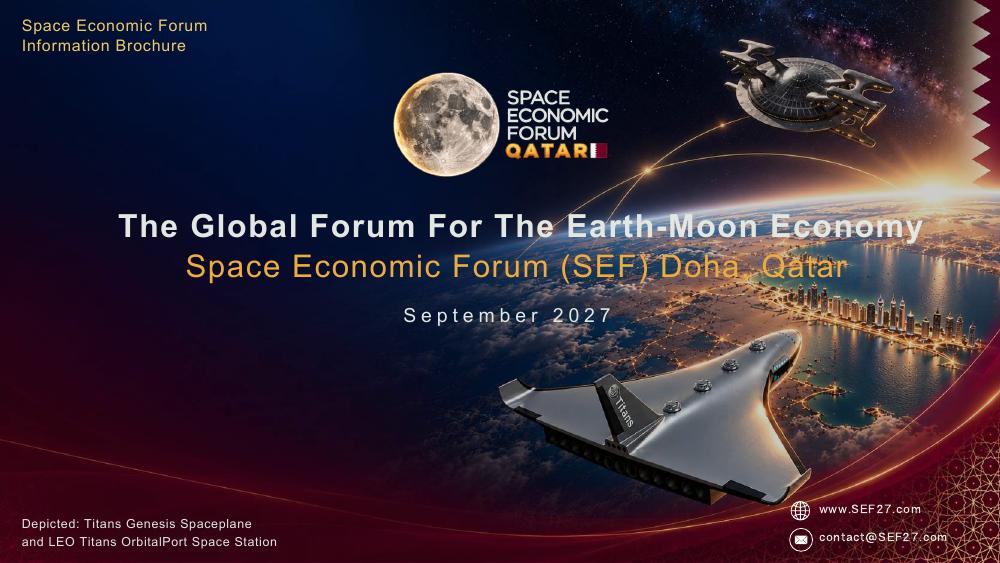 SEF Qatar information brochure cover with Doha, the Moon, a spaceplane, and an orbital station